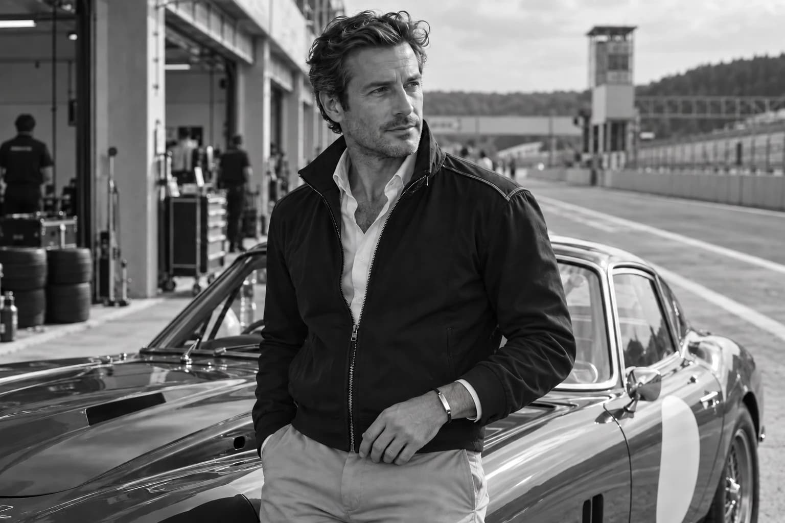 Un homme portant un bracelet au poignet près d’une voiture de course dans un paddock, en noir et blanc
